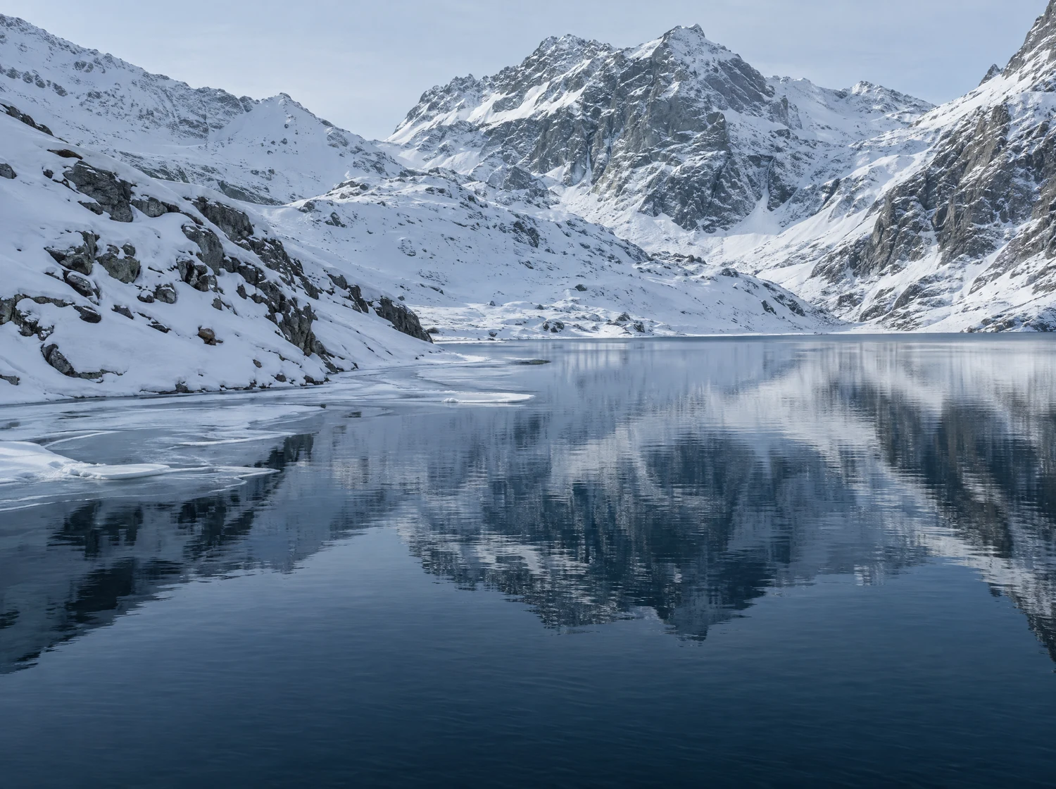 A quiet alpine lake edged with snow and thin ice